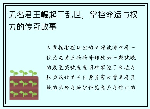 无名君王崛起于乱世，掌控命运与权力的传奇故事